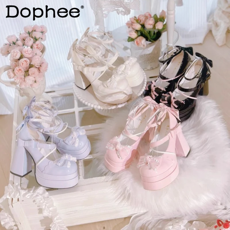 

Original Japanese Lolita Style High Heels Autumn 2025 Girls Woman's Cute Bow Elegant Platform Shoes Princess Tea Party Cos Pumps