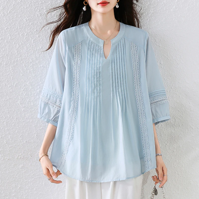 

Spring Summer Women's Clothing 2025 Casual Loose Pleated Shirt Loose Patchwork Lace Tops Fashion Pullovers Blouse
