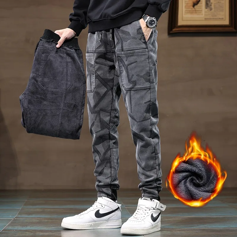 Stretch Pocket Fleece Jeans Men Fashion Thick Slim Printed Plush Sweatpants Warm Little Feet Velvet Denim Trousers Plus Size 6XL