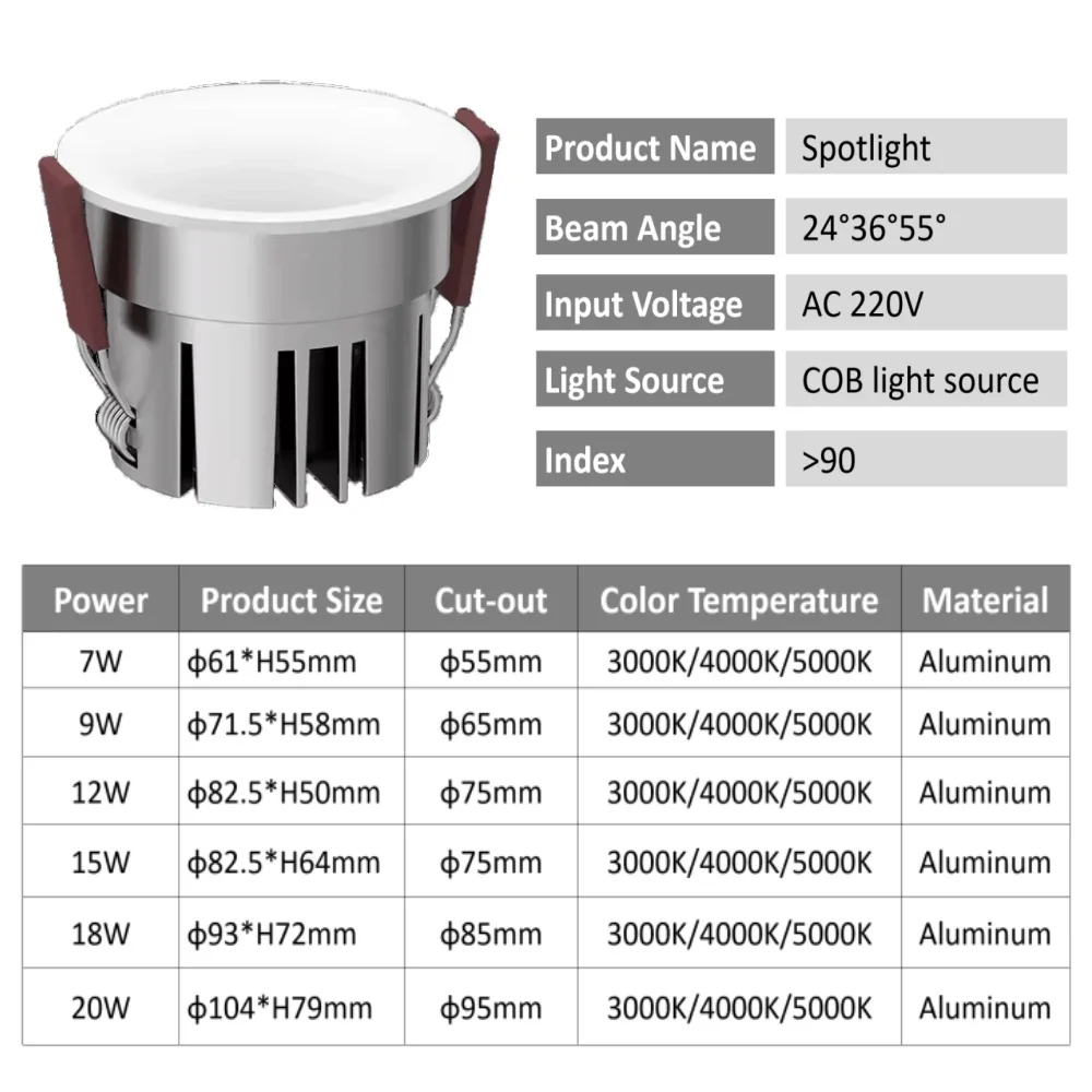 Anti‑Glare LED Recessed Downlight, High CRI90 7W‑20W Aluminum Premium Embedded Ceiling Spotlight Home Commercial Indoor Lighting