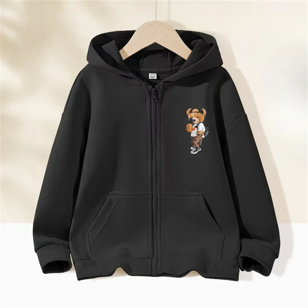 New Zipper Hoodie for Kids Cartoon Bear Print Spring Long-sleeved Sweatshirt Casual Top for Boys/girls Clothing Sweater