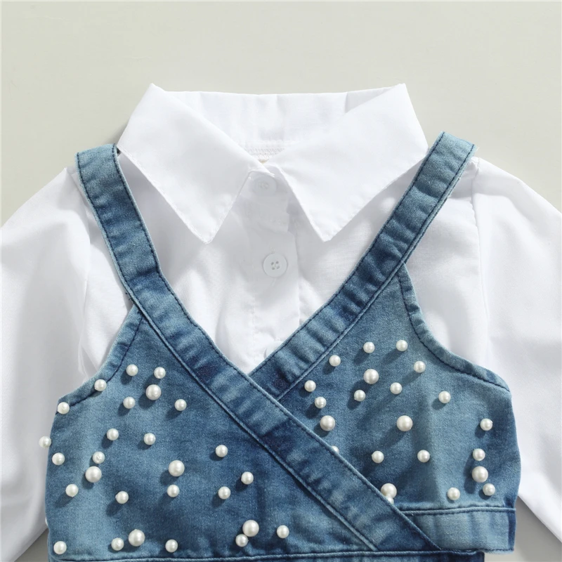 Moda crianças roupas da menina do bebê cor sólida manga longa camisa vestido denim miçangas colete 2 pçs roupas