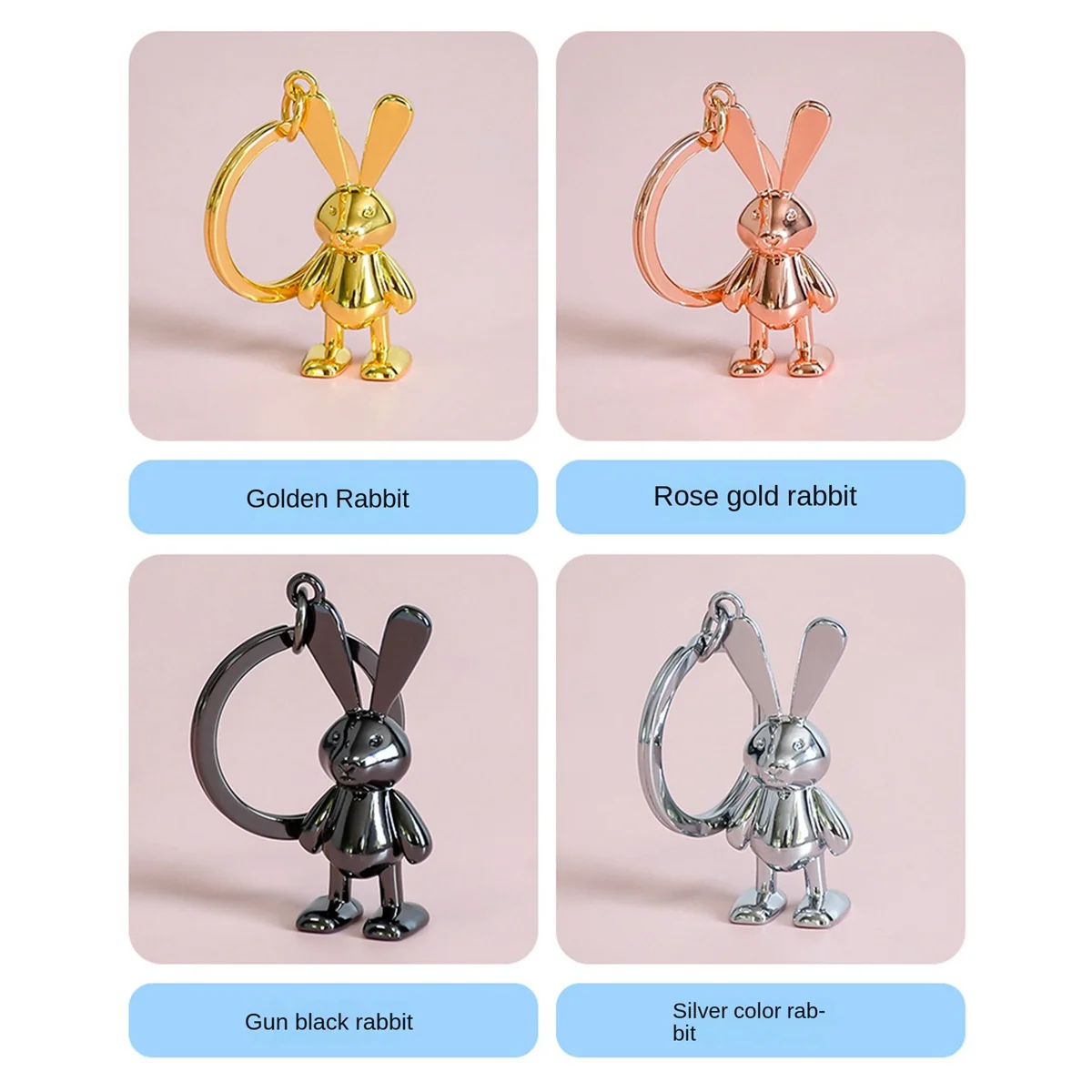 Animal Bunny Key Chain Bag Ornament Rabbit Keychain Metal Texture 3D DIY Metal Pendant Key Ring New Year Gift,Black