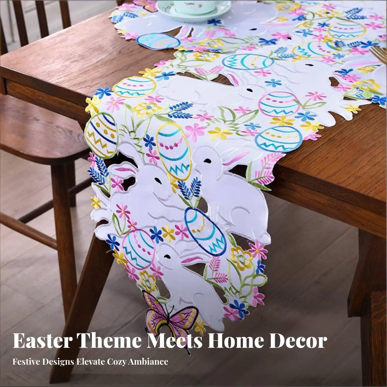 Chemin de table de Pâques festif, motif de lapin brodé, en coton et polyester, pour la décoration de la maison et les accessoires de table à manger.