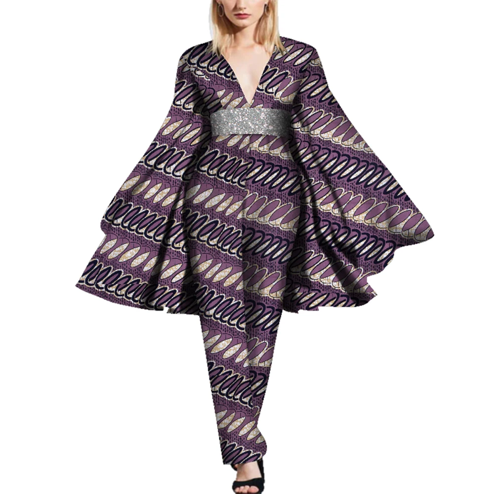BintaRealWax African Cape Sleeve Romper Bazin Riche Sexy DeepV-Neck WomenJumpsuit Dashiki Elegant Jumpsuit WY5597