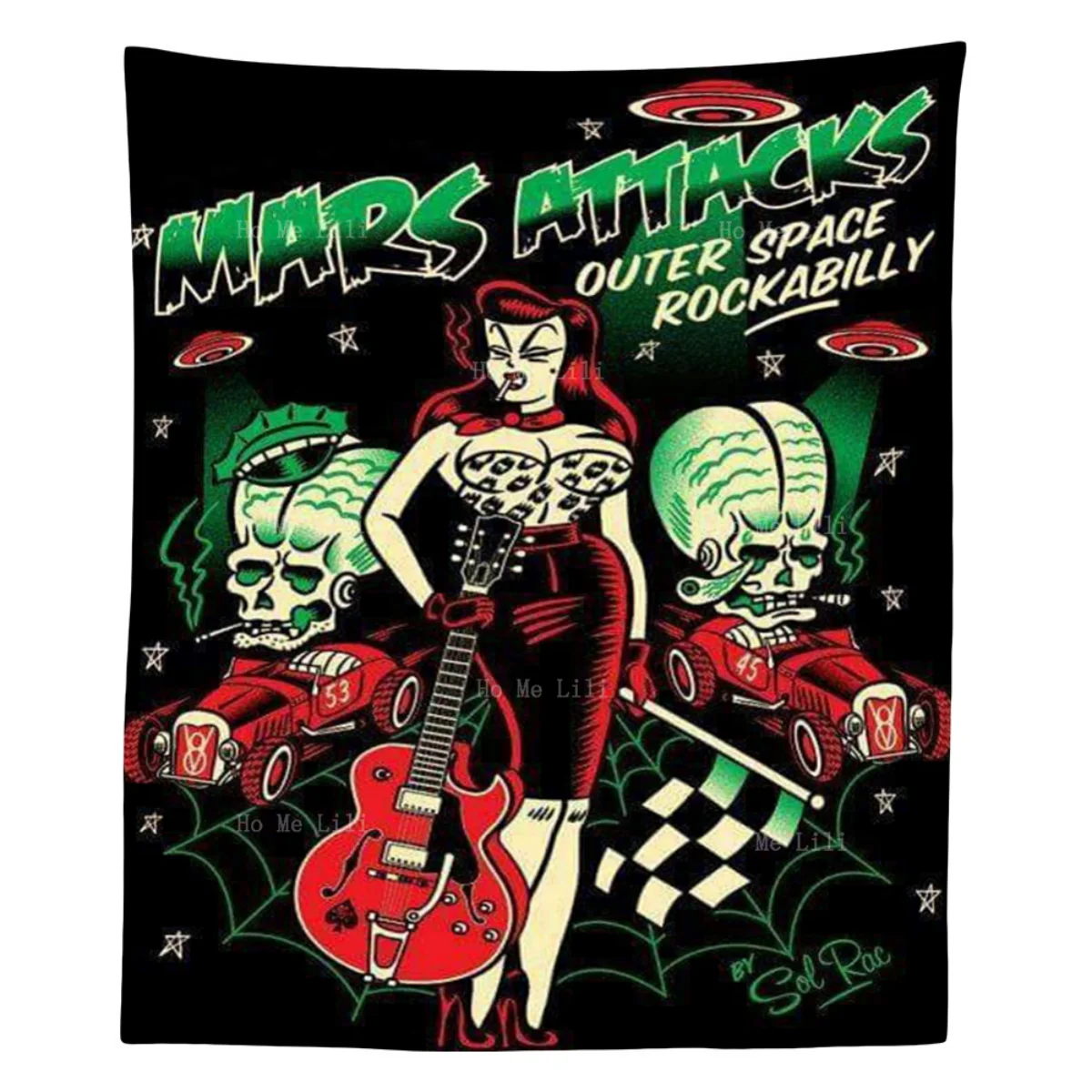 Una mujer con guitarra y dos esqueletos en un Racecar, tapiz de arte Rockabilly espeluznante de Ho Me Lili para decoración de sala de estar