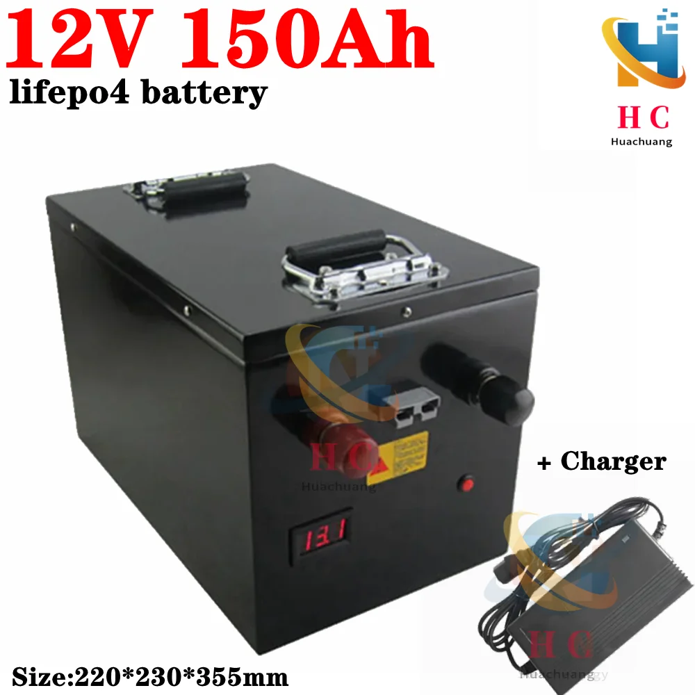 waterproof Lifepo4 12V 150AH battery Highly Discharge Current BMS Battery Pack for Boat RV Solar Energy Auto Motor +10A Charger