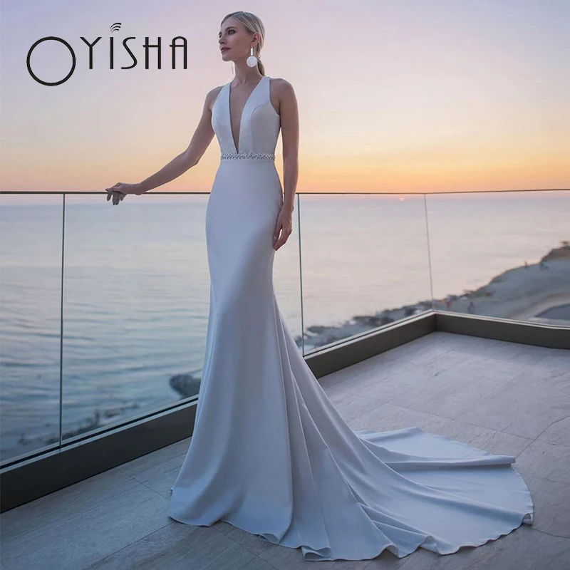 OYISHA Elegant Backless Wedding Dress Mermaid Halter Simple Satin Bridal Gown Deep V-Neck Beadings Belt Robe De Mariée For Bride