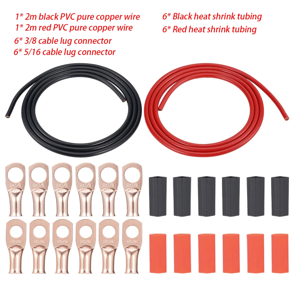 6AWG Gauge Wire Battery Power Welding Cable PVC Tinned Copper Wire Thickened Terminals 5/16 And 3/8 6 Heat Shrink Tubes 2M