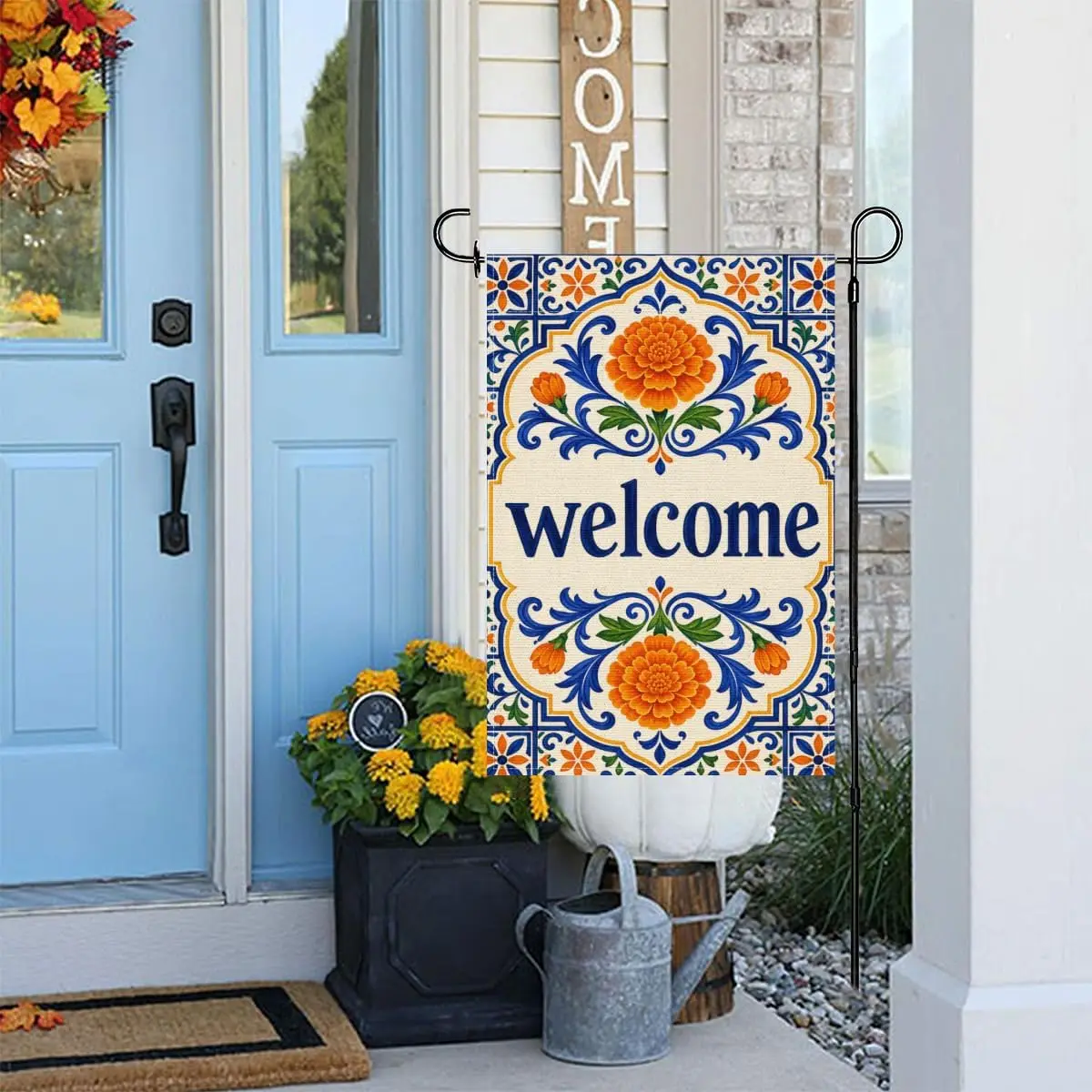 Ice Ink Talavera Welcome 12x18 Inch Garden Flag Linen Orange Flowers Blue Tile Pattern and Spanish Folk Art Front Porch Artw uui