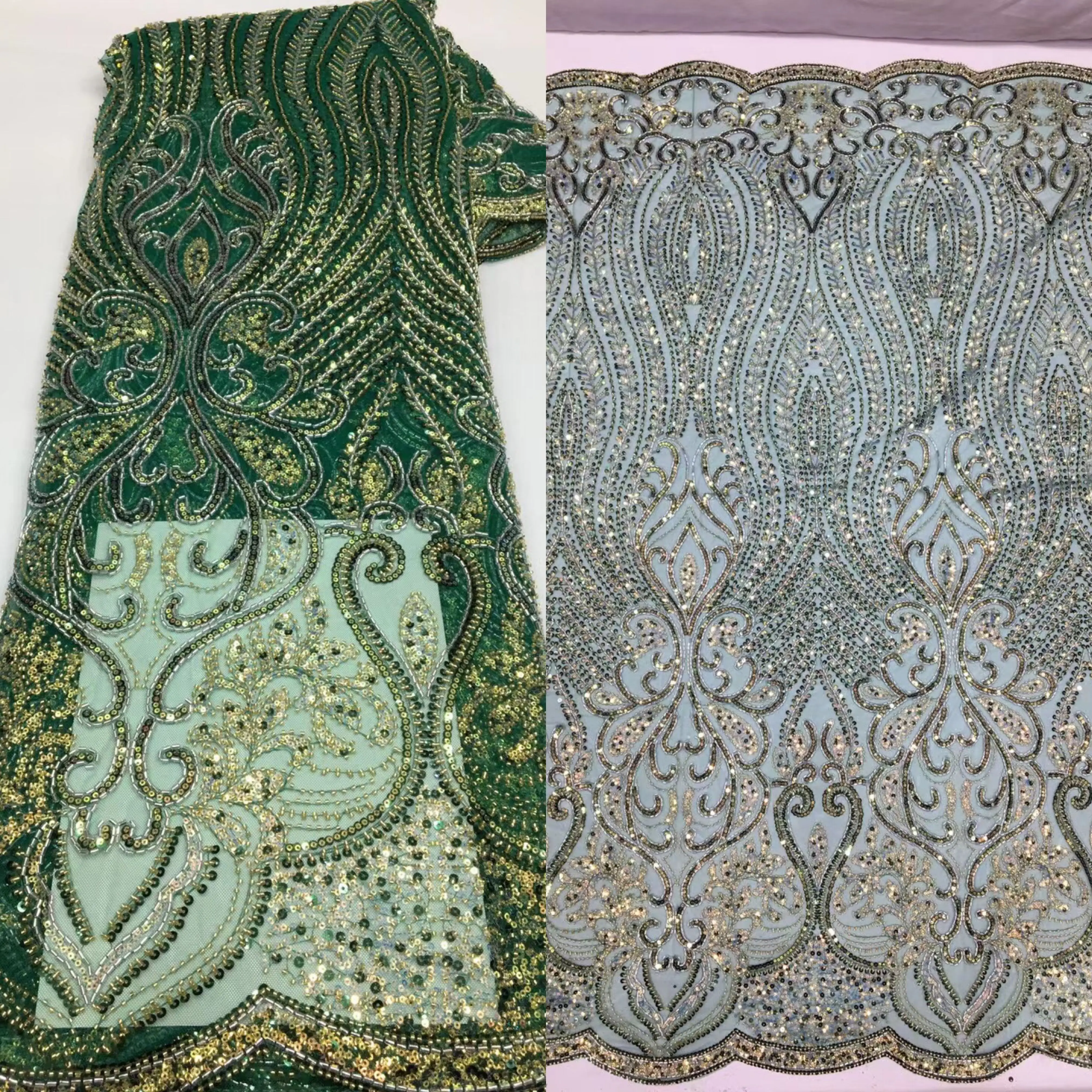 

African Net Beaded Lace Fabric High Quality Lace Sequins French Tulle Lace L-1302185 Nigerian Lace Fabric For Wedding