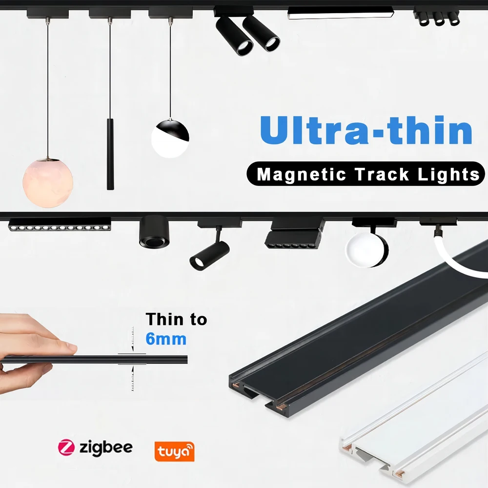 

6MM Ultra Thin Magnetic Track Light Flexible DC48V Smart Tuya Zigbee System Black White Slim Ceilling Surface Mounted Home