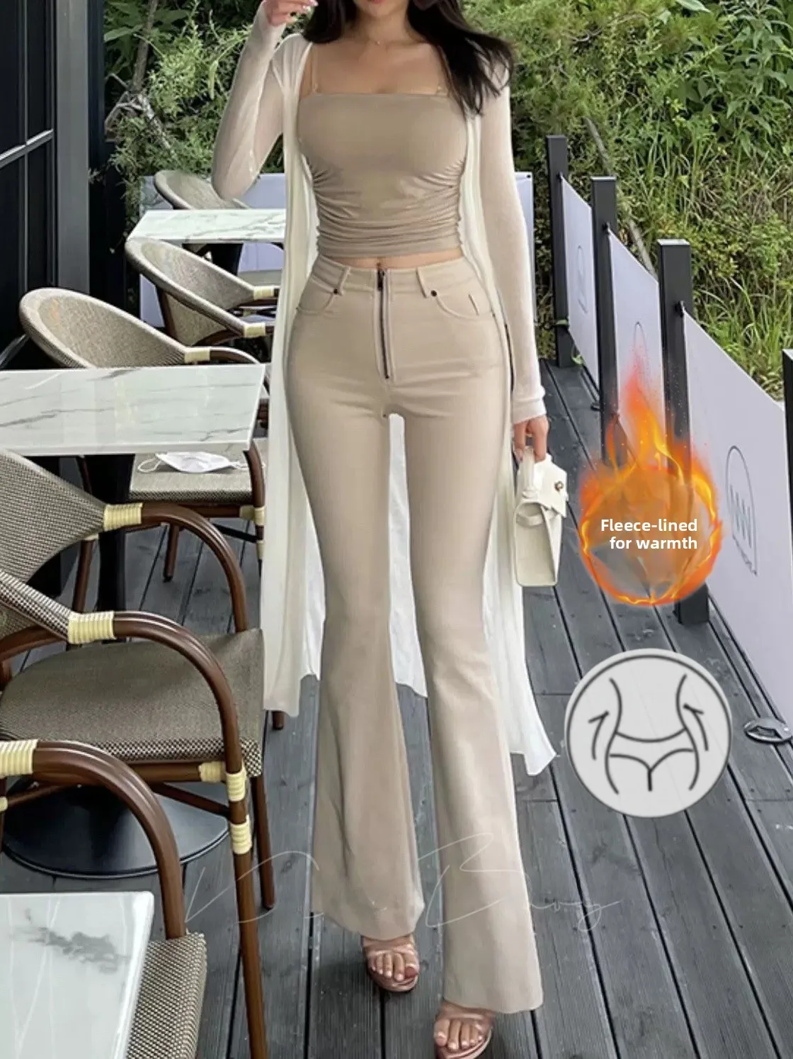 

High Waist Fce Lined Casual Denim Jeans Women's Slimming Flared Pants Cotton Stretch Denim Zipper Fly Autumn Seasonal Wear