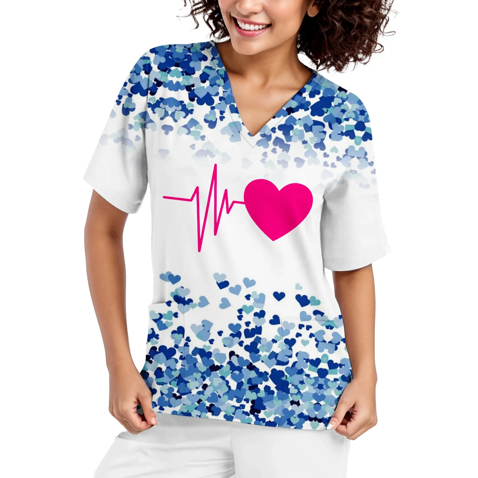 

Womens Valentine's Day Nurse Uniforms Print Short Sleeve V Neck Workwear Working Nurse Work Wear Overalls Medical Uniforms