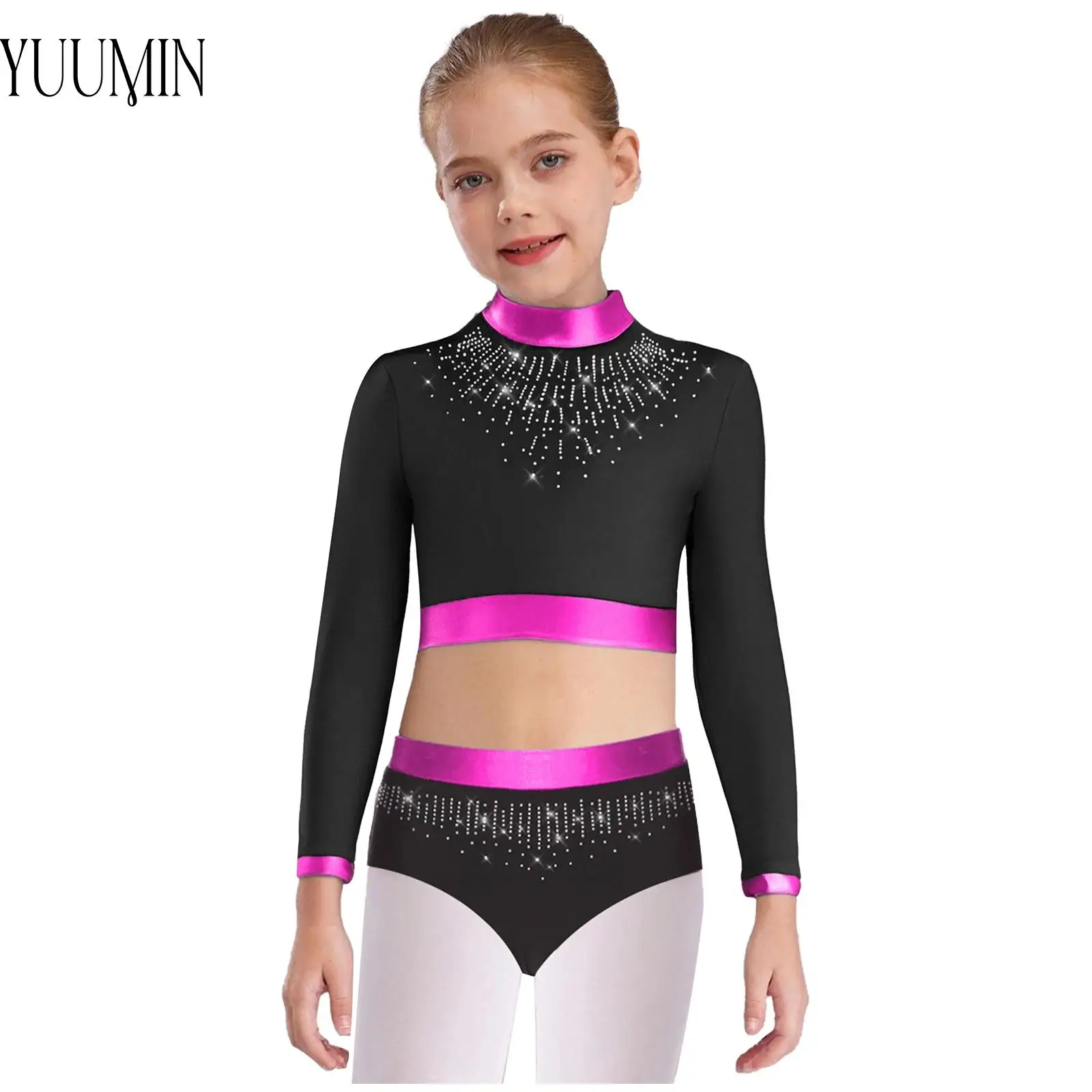 

Kids Girls Ballet Dance Gymnastics Costume Long Sleeves Rhinestones Crop Top with Briefs for Figure Skating Party Performance