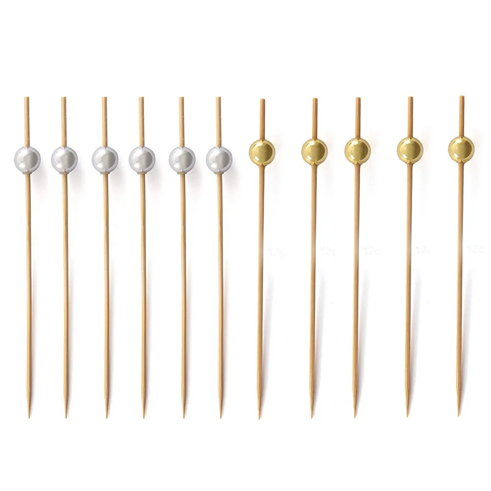 100 Pcs 12 cm Cocktail Picks Elegant Bamboo Toothpicks Round Beads Silver Tails Appetizer Garnish Bar KTV Clubs