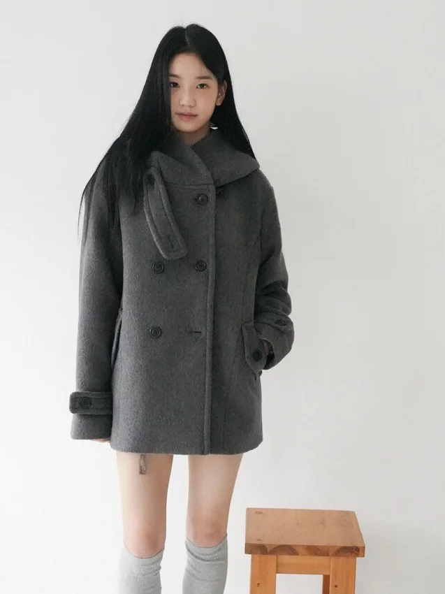 

Chic Double-Row Buttoned Hat Coat Fem Woolen Coat Sweet Sle Long Sve Mid-Length Chinese Production Autumn