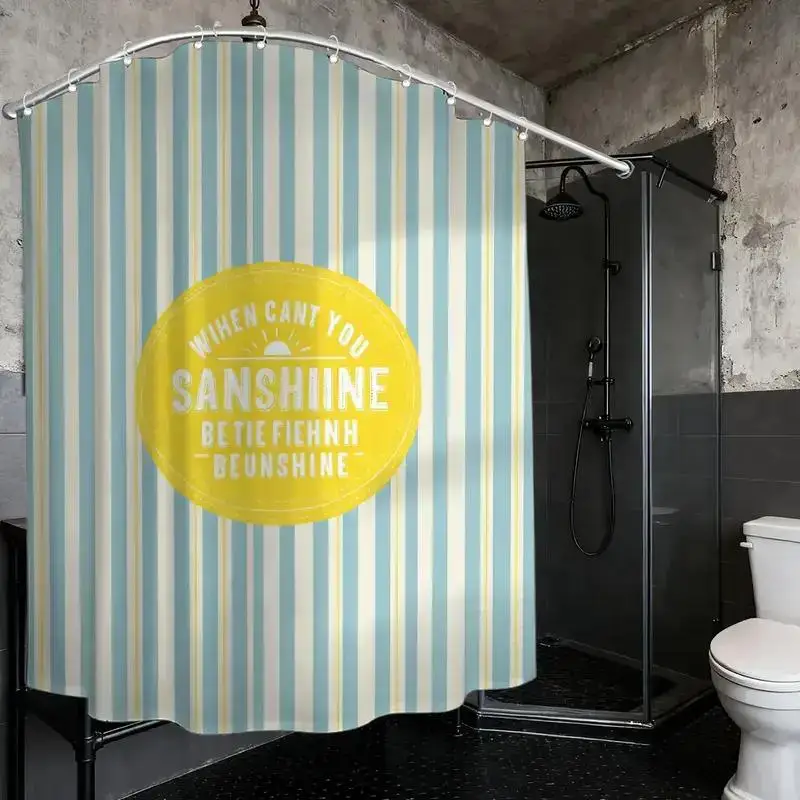 

Striped Sunshine Quote Shower Curtain – Playful “SANSHEINE” Typo on Blue Cream Yellow Stripes, 12 Hooks, Waterproof Bath Decor