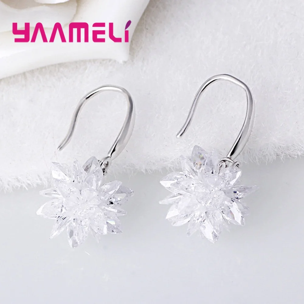 Hot Sale 925 Silver Color Earring Dazzling White Cubic Zirconia Flower Original Design Smooth Hook Woman Lady Ear Pendientes