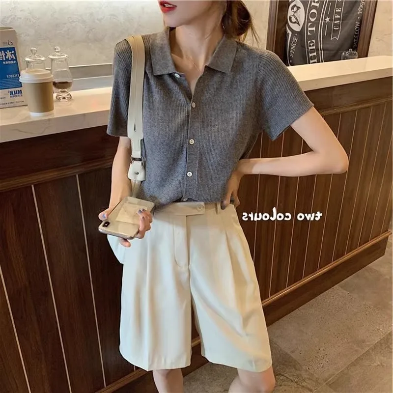 Fashion simple loose short POLO ice silk cotton short sleeve cardigan women\'s summer lapel thin half sleeve sweater