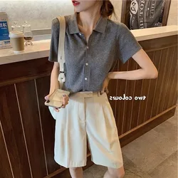 Fashion simple loose short POLO ice silk cotton short sleeve cardigan women's summer lapel thin half sleeve sweater