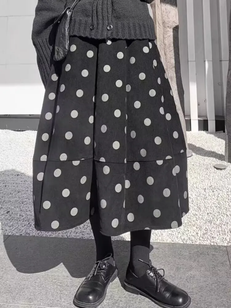 Oversized Corduroy Polka Dot Print Herfst Rok Vrouwen A-lijn Ruche Losse Geplooide Modis Dames Rokken Elastische Taille Vrouw Rokken