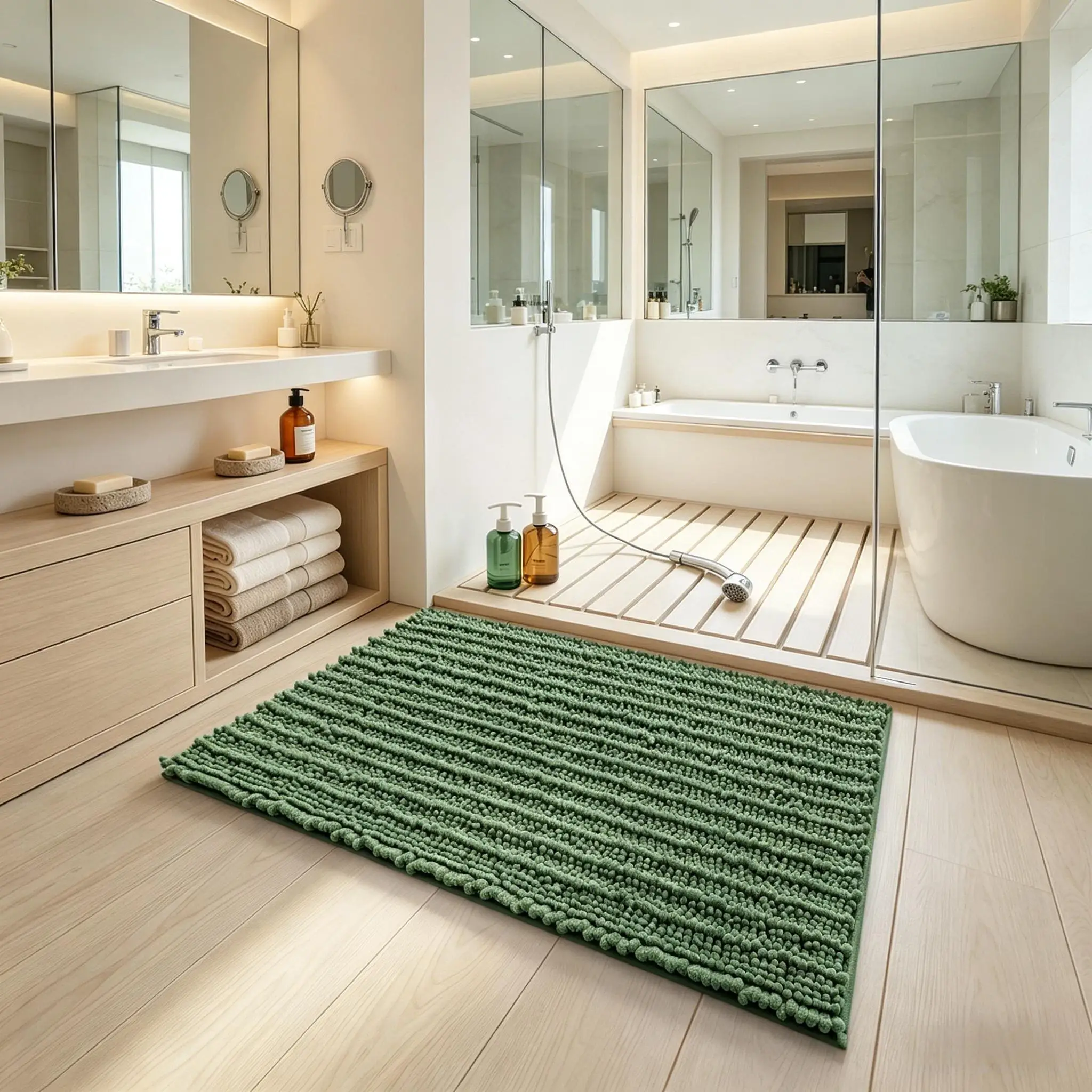Tufted Chenille Bath Mat, Thick Dense Soft Absorbent Non-Slip Bathroom Rug, Antibacterial Shower Floor Mat for Home