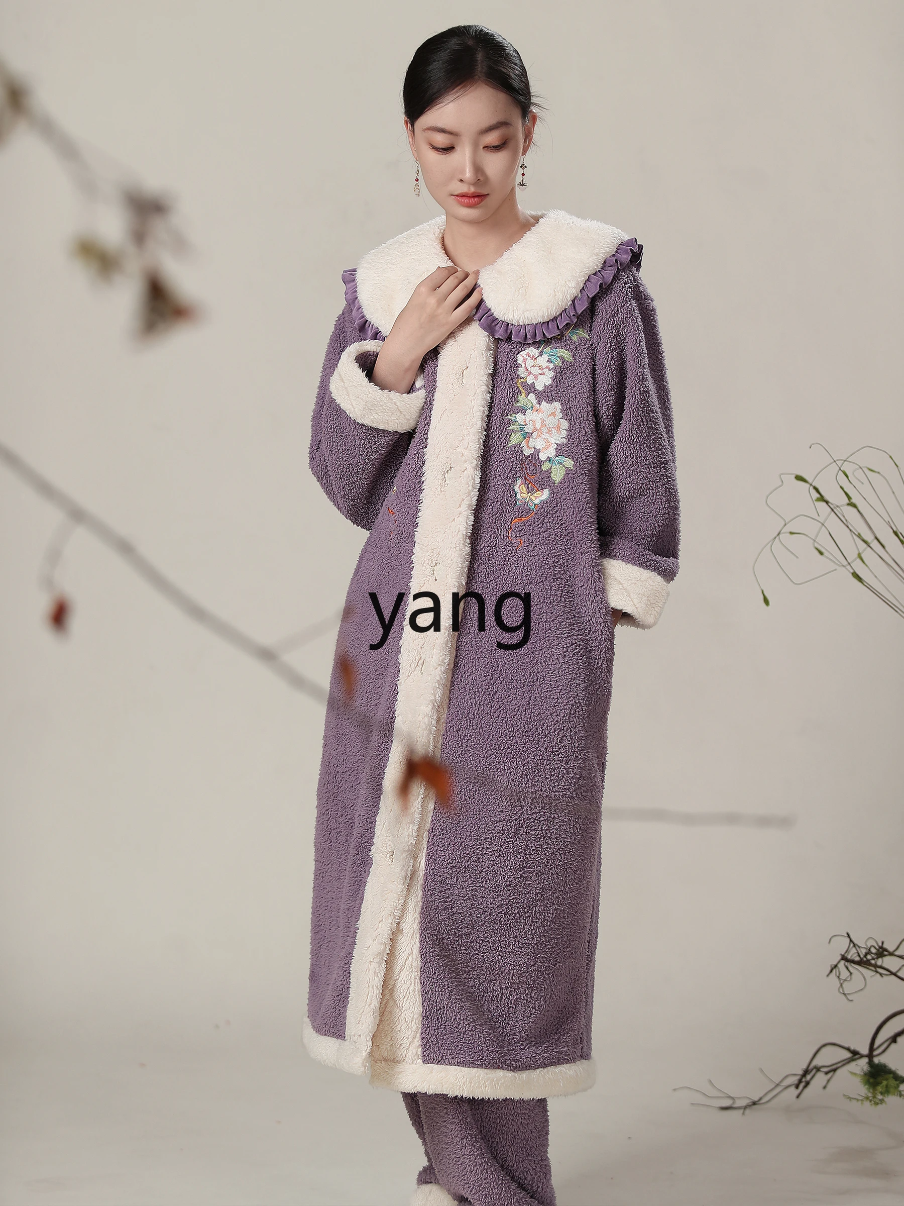 Yjq national style pajamas women's new Chinese style autumn and winter coral fleece pajamas with fleece long loungewear