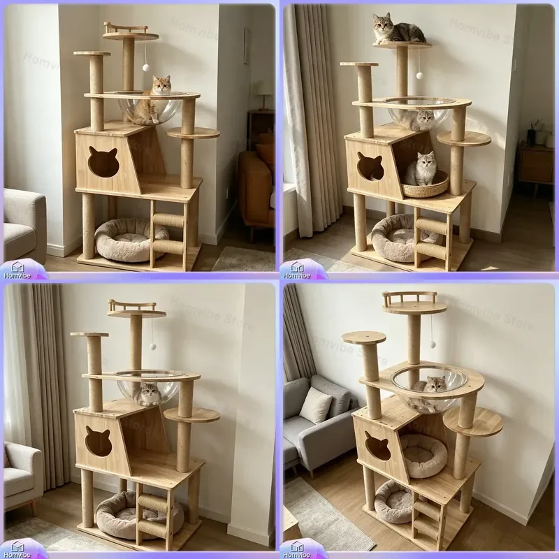 Large Solid Wood Cat Tree House with Space Capsule Nest Scratching Post Tower Multi Level Climbing Frame Furniture Pet