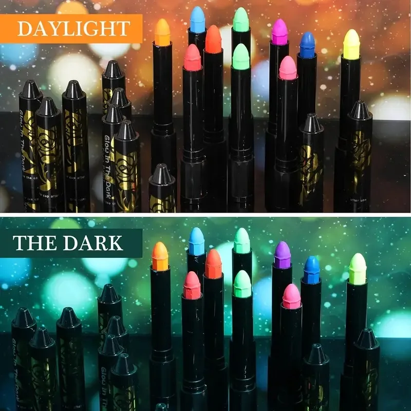 12PCS Fluorescent Paint Glow In The Dark Crayon Body Paint Washable Diy Face Painting Crayons Party Halloween Event Makeup Props