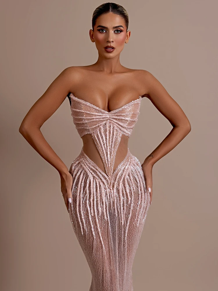 Abito da sera da festa Abito lungo senza spalline con taglio beige Scollo a cuore Scava fuori Abiti da celebrità con sirena