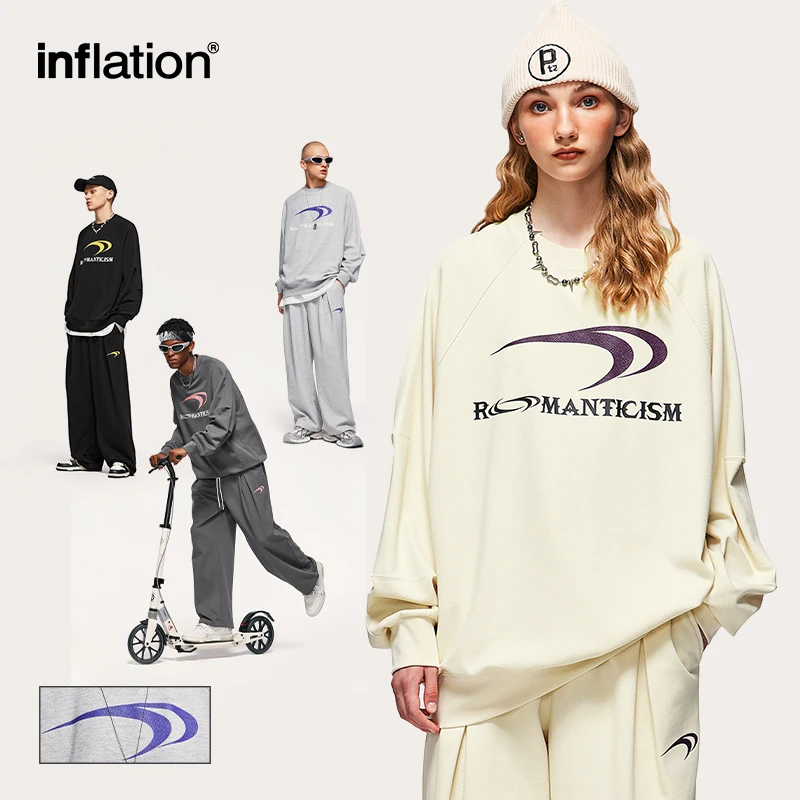 INFLATION Drop Shoulder Oversized Sweatshirts Unisex Crewneck Pullovers