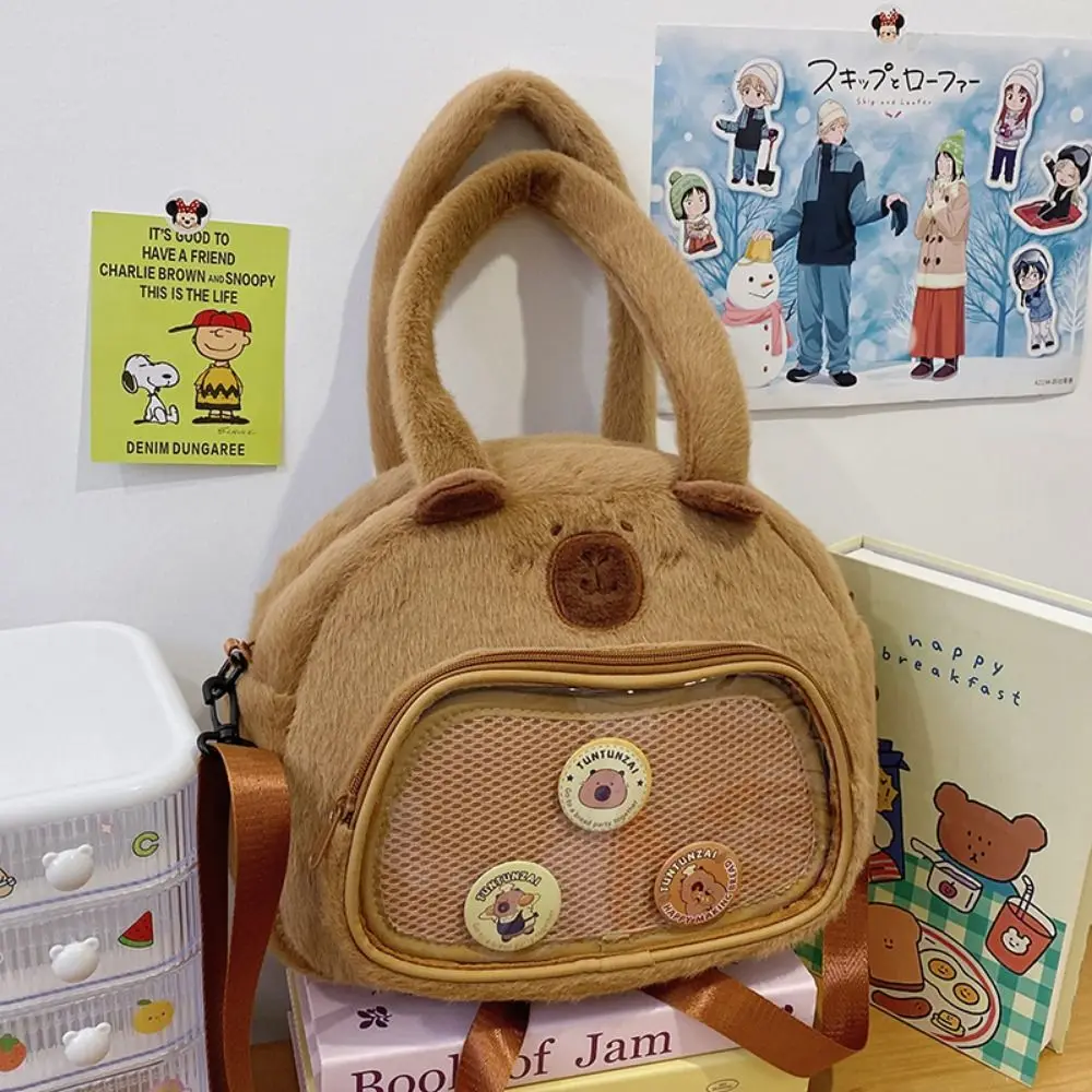 

With Badge Capybara Plush Crossbody Bag Transparent Layer Handheld Capybara Plush Backpack Large Capacity Fashion