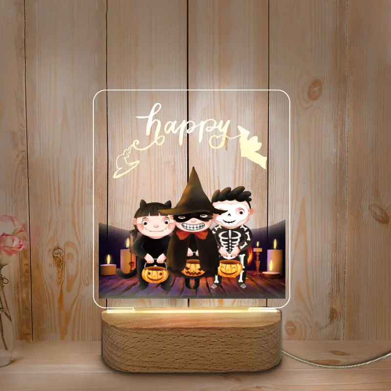 Veilleuse LED USB personnalisée avec base en bois, impression de documents, décoration d'Halloween, veilleuse pour la maison, chambre de bébé et de mère