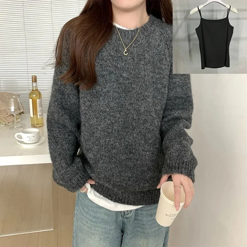 

Мягкий липкий свитер с круглым вырезом, женский осень-зима 2025, новый стиль, свободная однотонная рубашка с длинными рукавами, толстый топ с внутренним слоем
