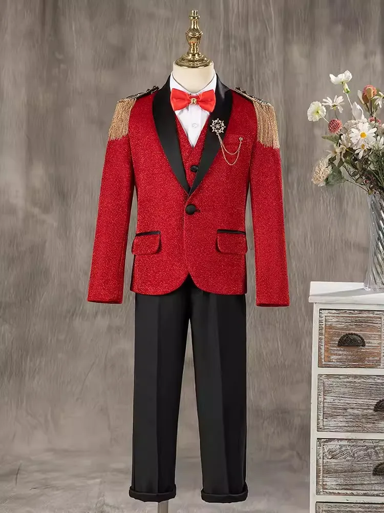 Children Luxurious Shining Jacket Vest Pants 3P Party Photography Suit Boys Performance Costume Kids Piano Wedding Tuxedo Dress