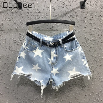 여성용 스트리트 찢어진 데님 반바지, 스타 프린트, 여름 워시 블루, 하이 웨이스트 청바지, 하라주쿠 빈티지, 캐주얼 패션, 벨트 포함 