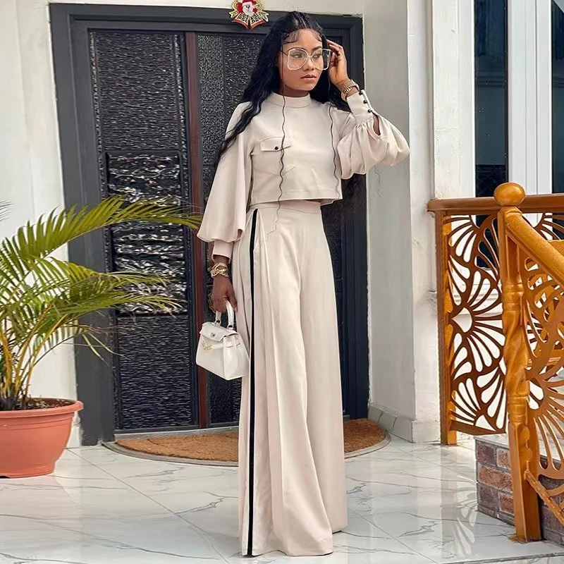 

Комплект: Свободный топ и брюки с широкими штанинами, новый стиль, с воротником-стойкой, женский модный ансамбль из полиэстера, осенняя коллекция