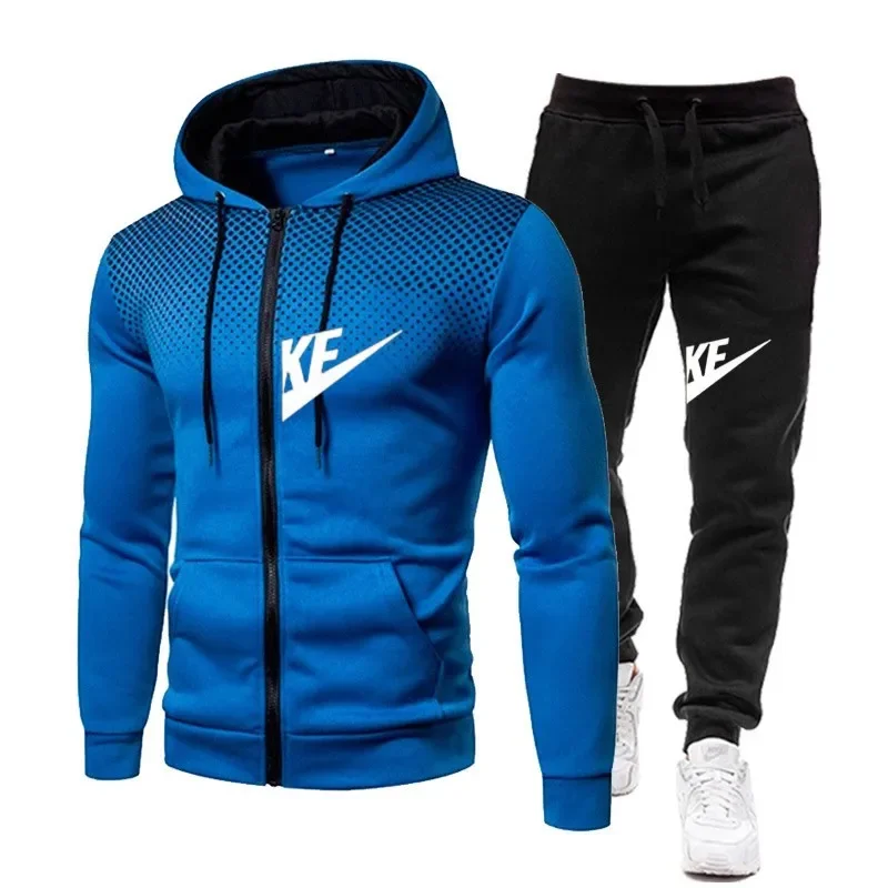 2024 autumn and winter new men's fashion zipper hoodie + trousers two sets of casual warm hooded fitness jogging sportswear suit