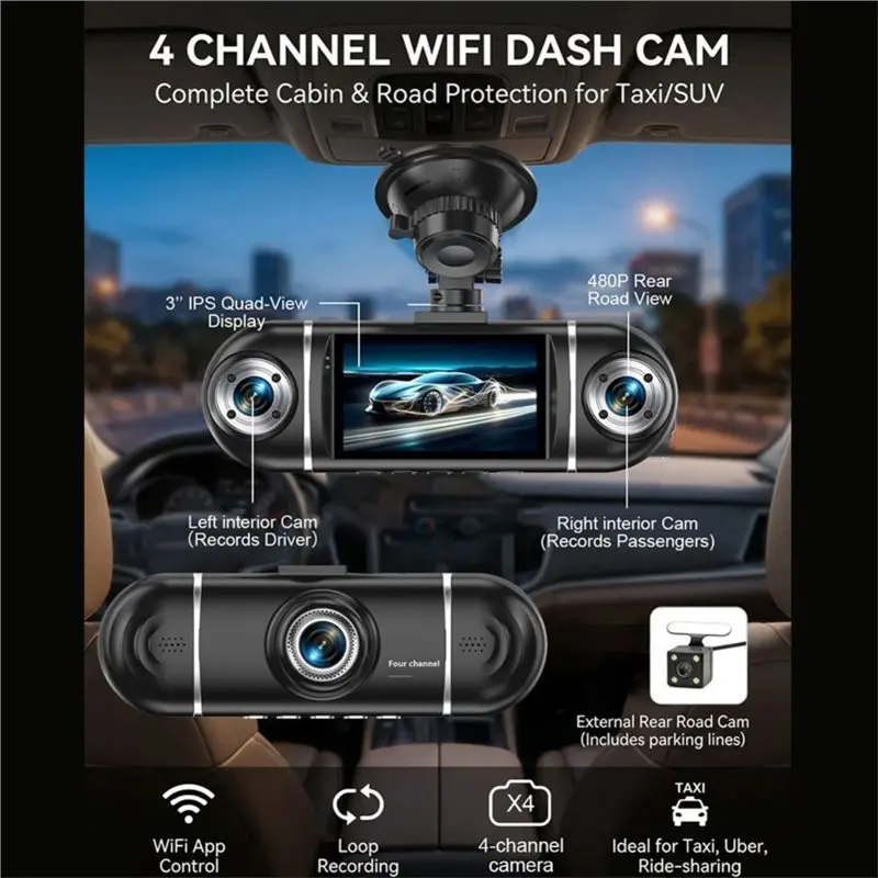 A30P-For Cars 4 Channel Dash Cam 1080P WIFI APP Enabled DVR Video Recording Driver Recorder Rear View Camera Lens