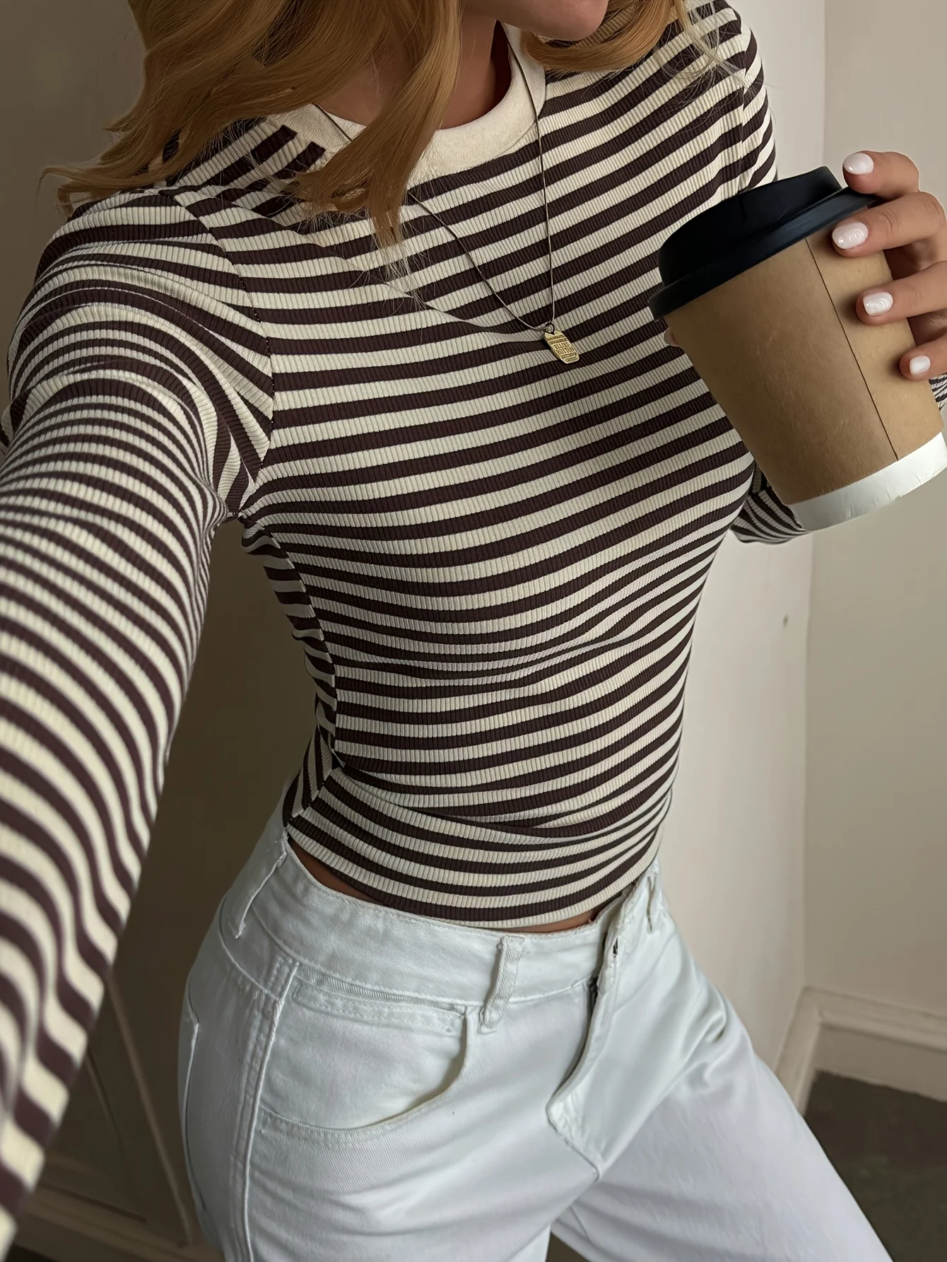 Elegant Directed Women's Spring Summer New Stripe Print round Neck Long Sleeve Slim Fit Comfortable T-Shirt