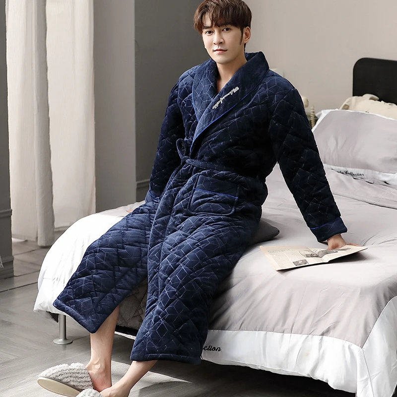 New Winter Men Bathrobes 3 Layers Quilted Flannel Long Robe Male Blue Home Warm Dressing Gown Robe