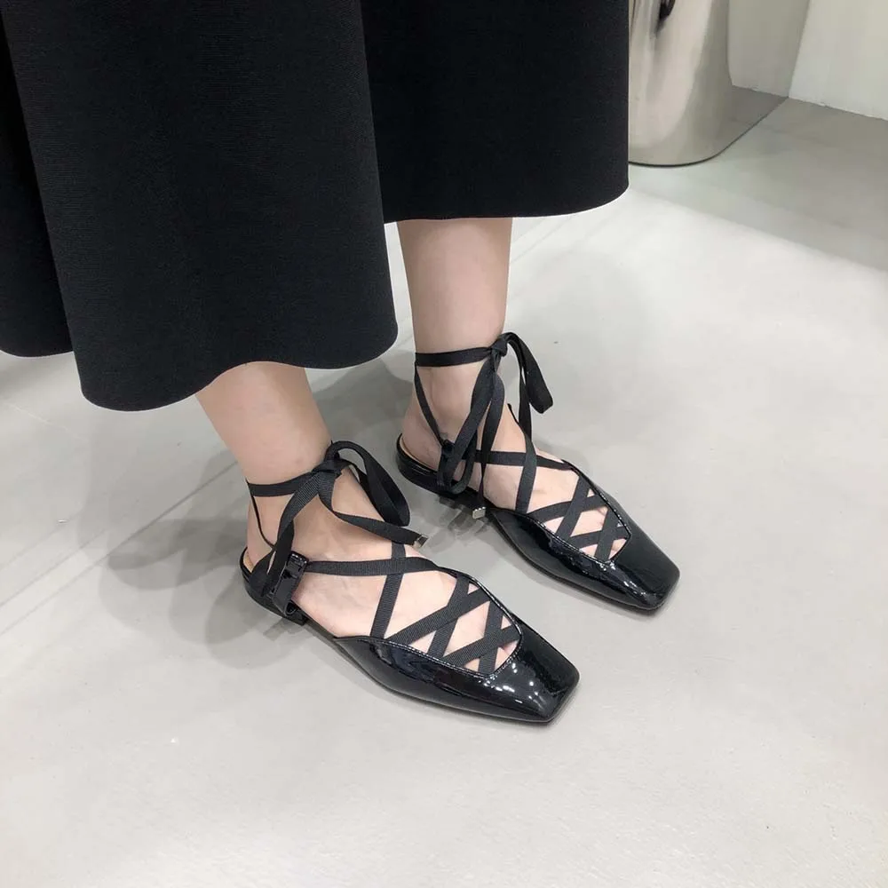 Square Toe Women Sandals Patent Leather Flat Heeled Cross Strap Lace Up Summer Party Sandals Shoes Woman Size 35-39 White Black