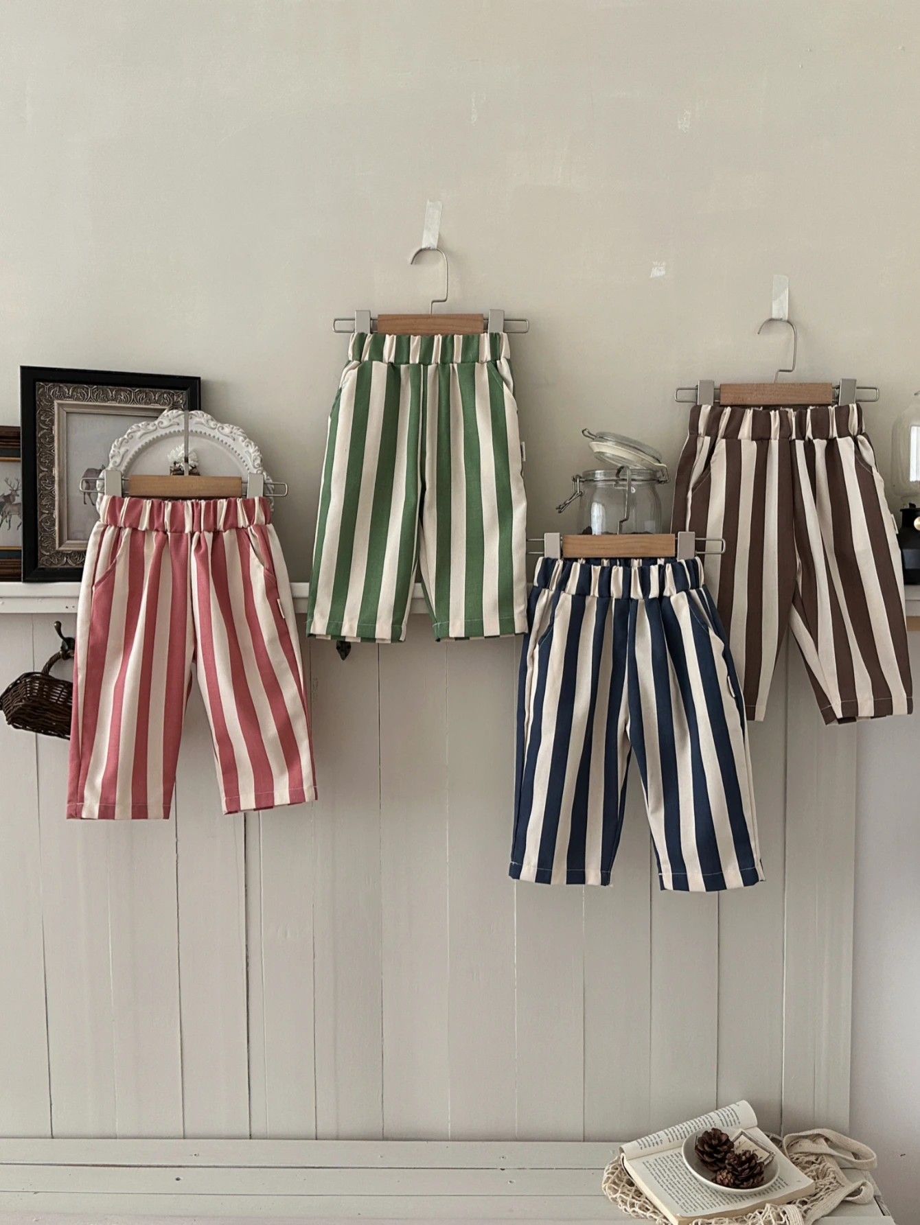 Spring Baby Multi Color Vertical Stripe Shorts Elastic High Waist Side Pockets Loose Casual Infant Cropped Trousers