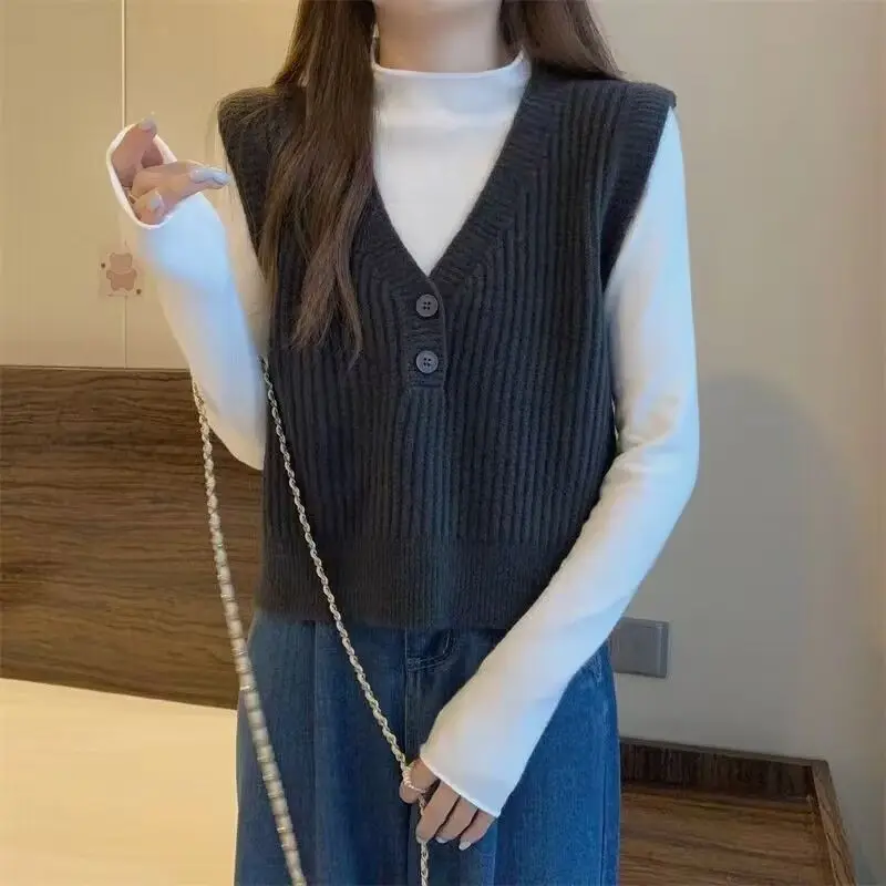 Short Knitted Vest for Women\'s Spring and Autumn Design Sleeveless V-neck Sweater Japanese Style Is Lazy and Retro