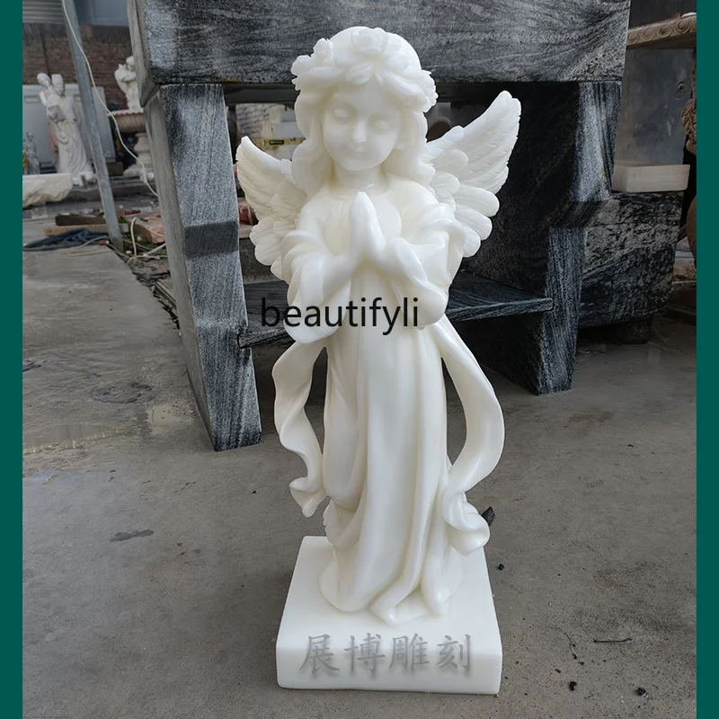 White Marble Angel Sculpture Natural Stone Prayer Guardian Angel Indoor and Outdoor Decoration Ornaments