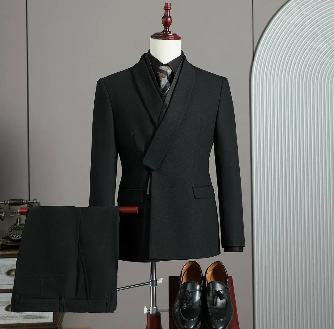 Formal Black Asymmetric Shawl Lapel Suit Slim Fit 2-Piece with Crossed Design Business Workwear Double Suits Male Customized