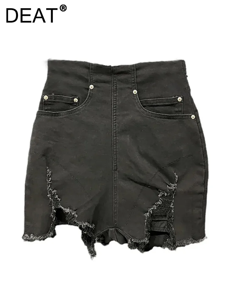 

DEAT Women Denim Skirts High Waist Washed Do Old Distressed Irregular Burrs Wrap Hip Mini Skirts 2024 Summer New Fashion 33A1502