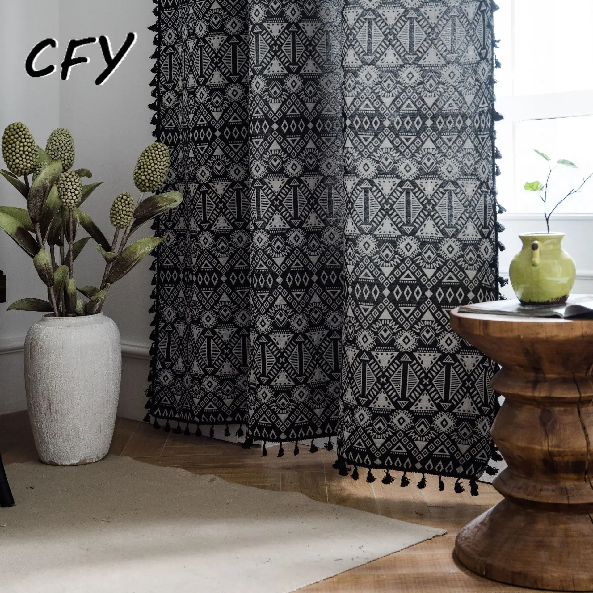 

Bohemia Black Geometry with Tassels Curtain Thick Blackout Curtains for Living Room American Vintage Drape Kitchen Valance