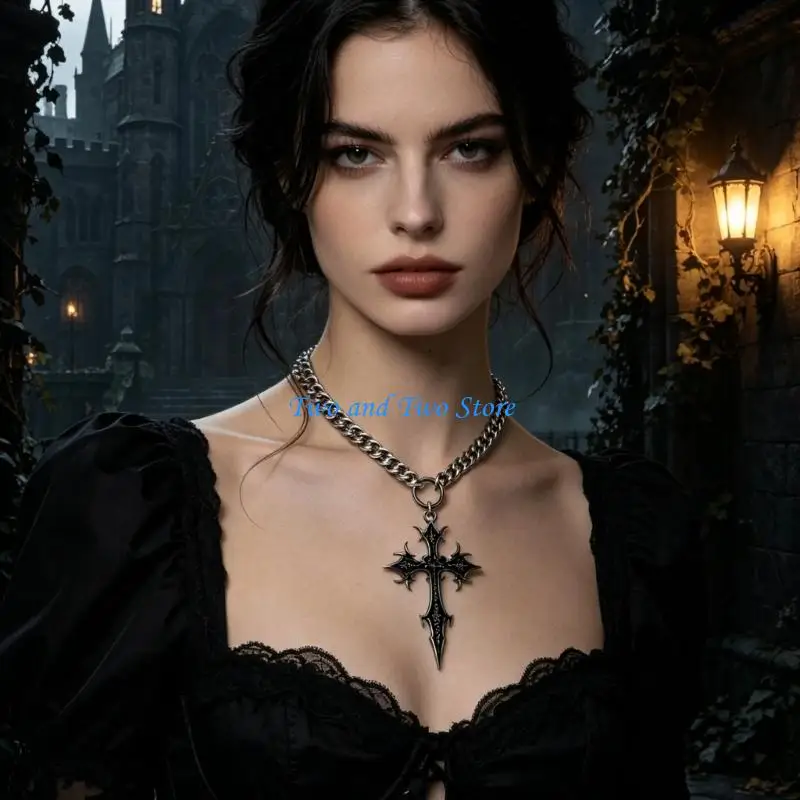 HX6F Alternative Necklace, Gothic Crosses Pendant Necklace with Short Chain Fit, Dark Engraved Finish, Daily Styling, and Gift